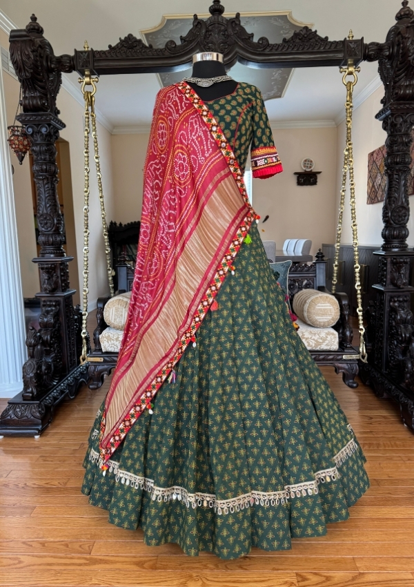 Green Block Print Flare Chaniya